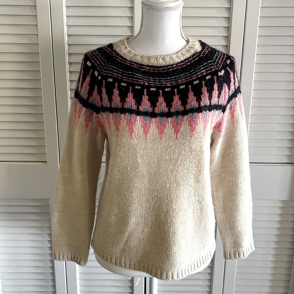Anthropologie Elsamanda Fair Isle Sweater Cream Navy Pink Metallic Knit Sz Small